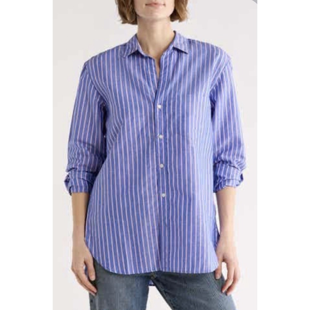 Frank & Eileen Eileen Relaxed Striped Shirt Sz M Blue Pink Preppy Luxury Coastal